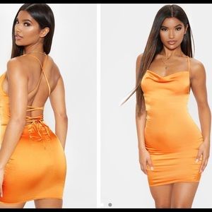 pretty little thing golden satin lace up dress